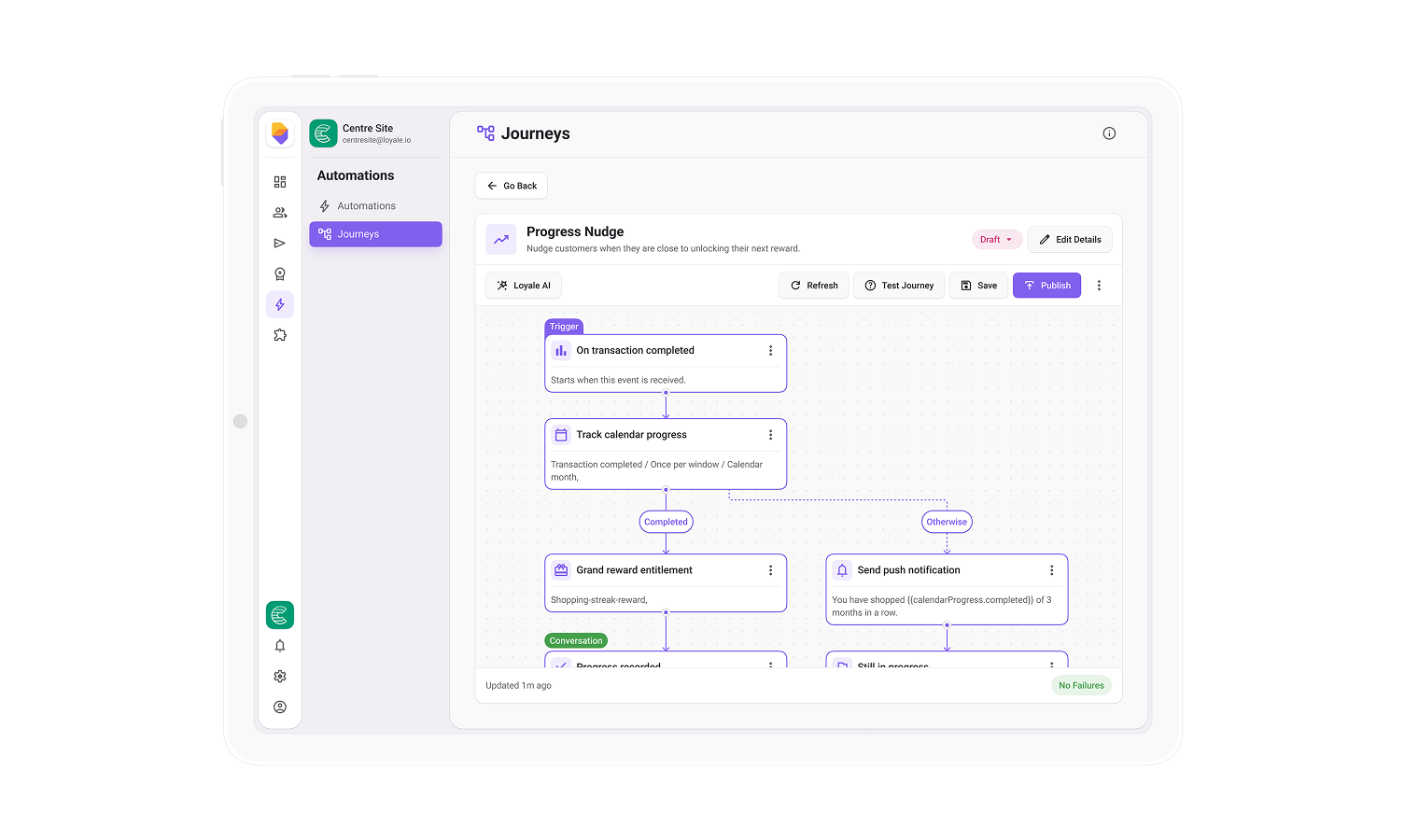 Customer Journey Builder Loyale con editor visuale per creare customer journey automatizzati, campagne marketing personalizzate e programmi fedeltà